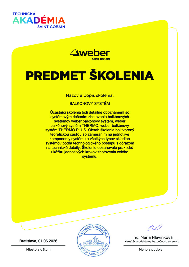 Certifikát - Balkónový systém 2/2